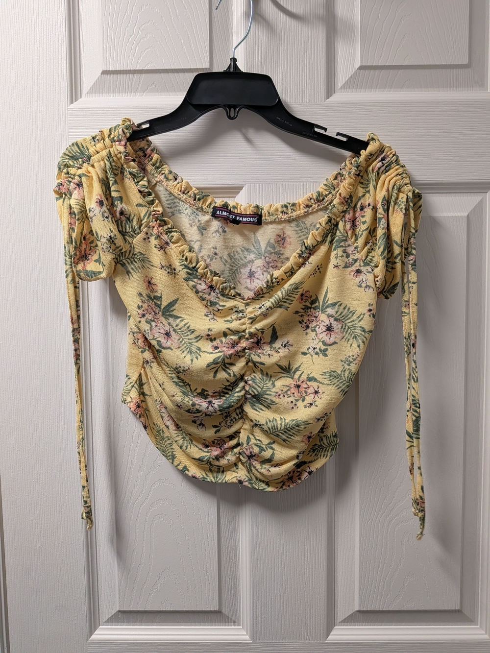 Almost Famous Yellow Floral Ruched Off-Shoulder Crop Top
